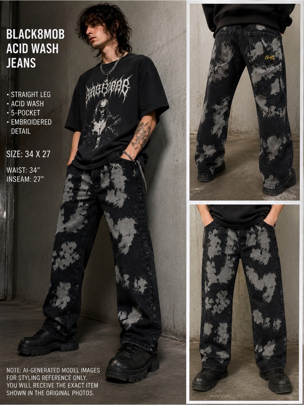 BLACK8MOB Mens 34x27 Black Bleach Splatter Jeans Baggy Y2K Streetwear